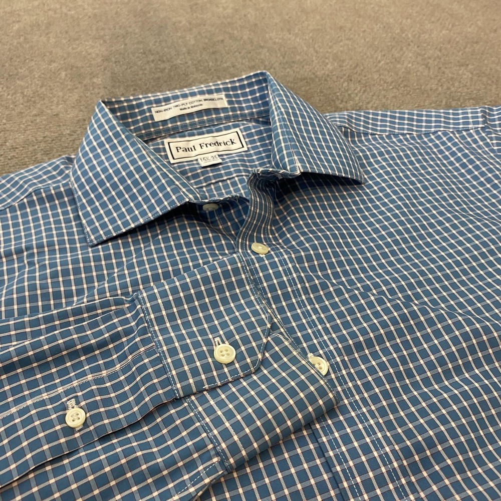 Paul Fredrick Shirt Mens 15.5 35 Blue Non-Iron Two-Ply Cotton Check Trim Fit